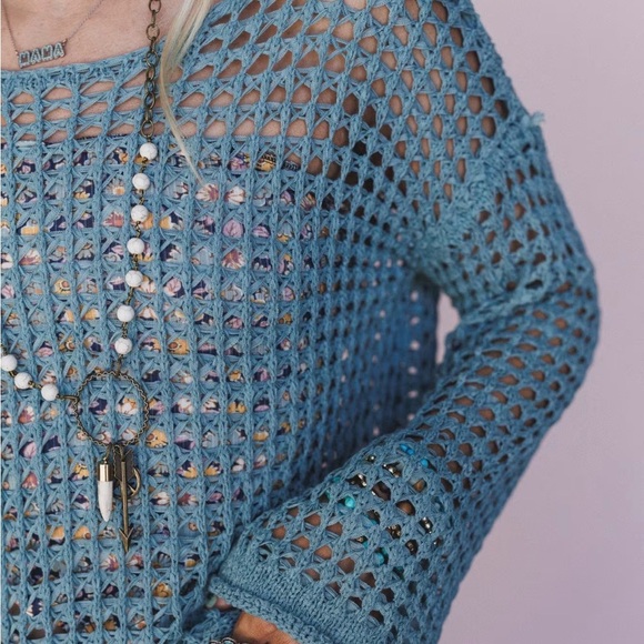 POL- NWOT Teal Crochet Knit Top - Picture 3 of 10